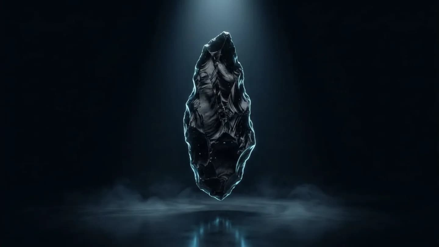 A shard of polished black obsidian under a cyan spotlight, every facet catching the light.