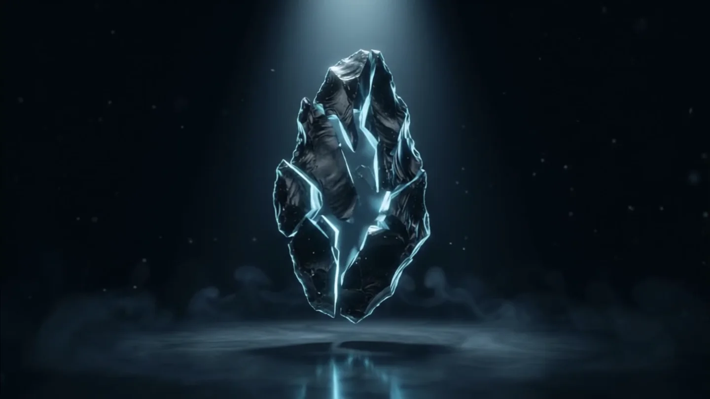 A shard of black obsidian under a cyan spotlight, light breaking through its first cracks.