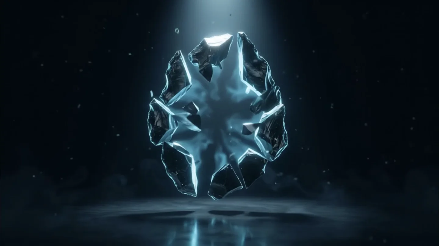 A shard of black obsidian breaking into a ring of fragments, cyan light pouring from its centre.