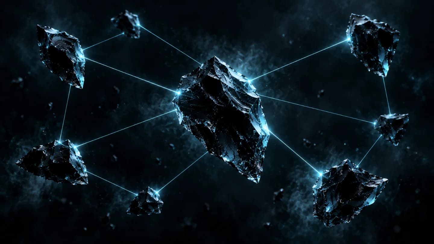 Fragments of black obsidian floating apart, joined by thin lines of cyan light.