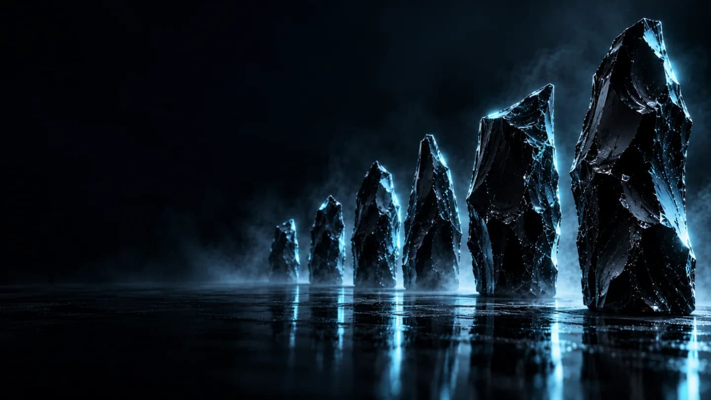 Six standing fragments of black obsidian in a row on a dark, wet floor, their edges lit cyan.