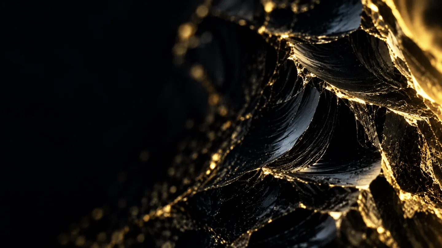 Close view of black obsidian, gold light catching the fracture ridges.