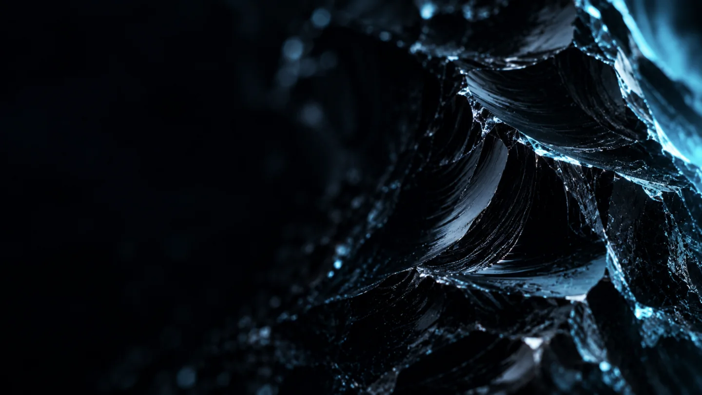 Close view of black obsidian, cyan light catching the fracture ridges.