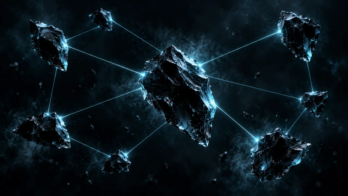 Fragments of black obsidian floating apart, joined by thin lines of cyan light.