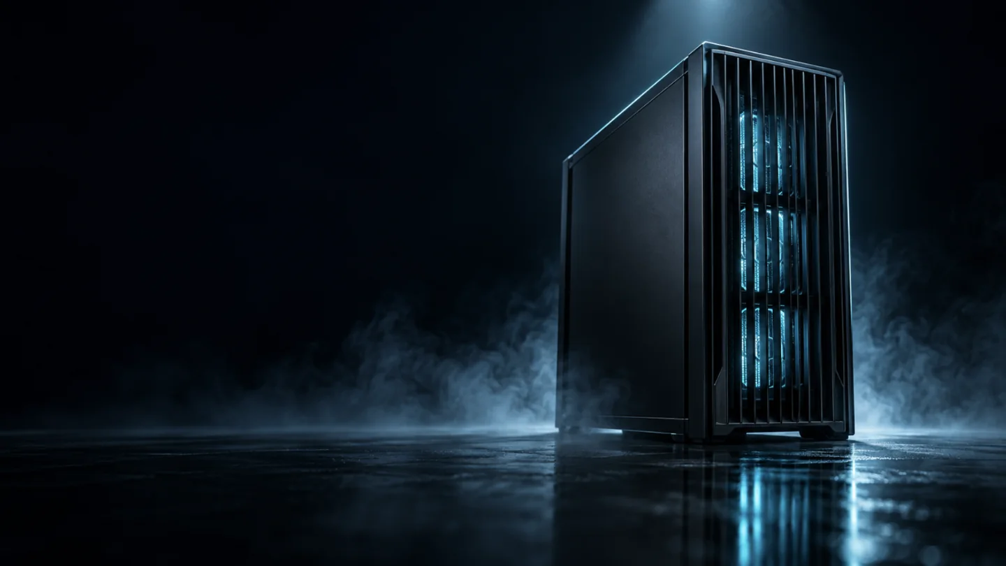 A matte black GPU server tower in a dark room, cyan light glowing through its front vents.